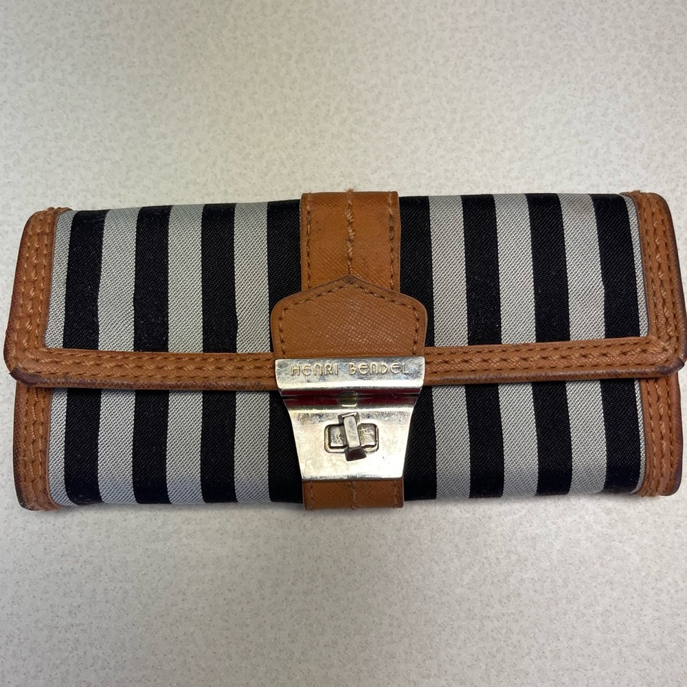 Henri Bendel Miss Bendel Gray and Black Striped Slim Continental Wallet